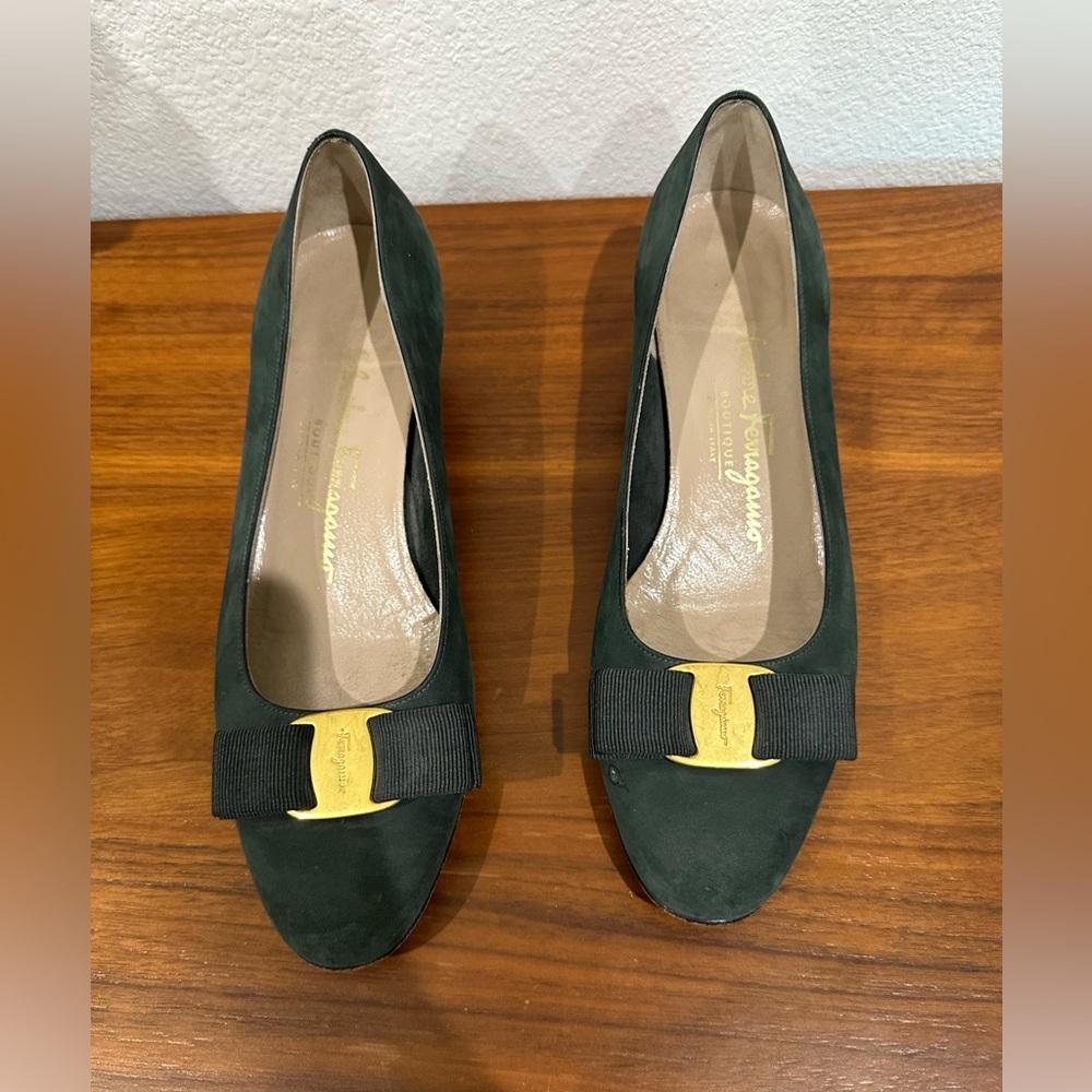 Salvatore Ferragamo Dark Green Suede Heels with Gold Accent